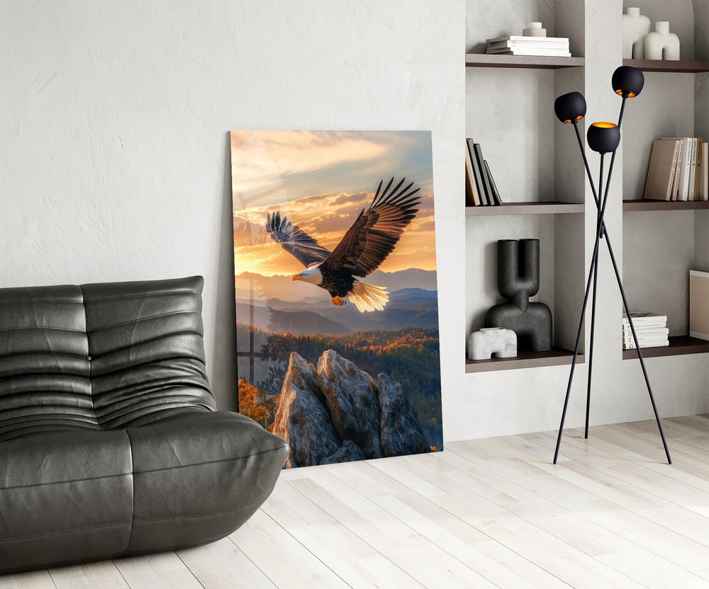 Soaring Bald Eagle Autumn Sunset Glass Wall Art