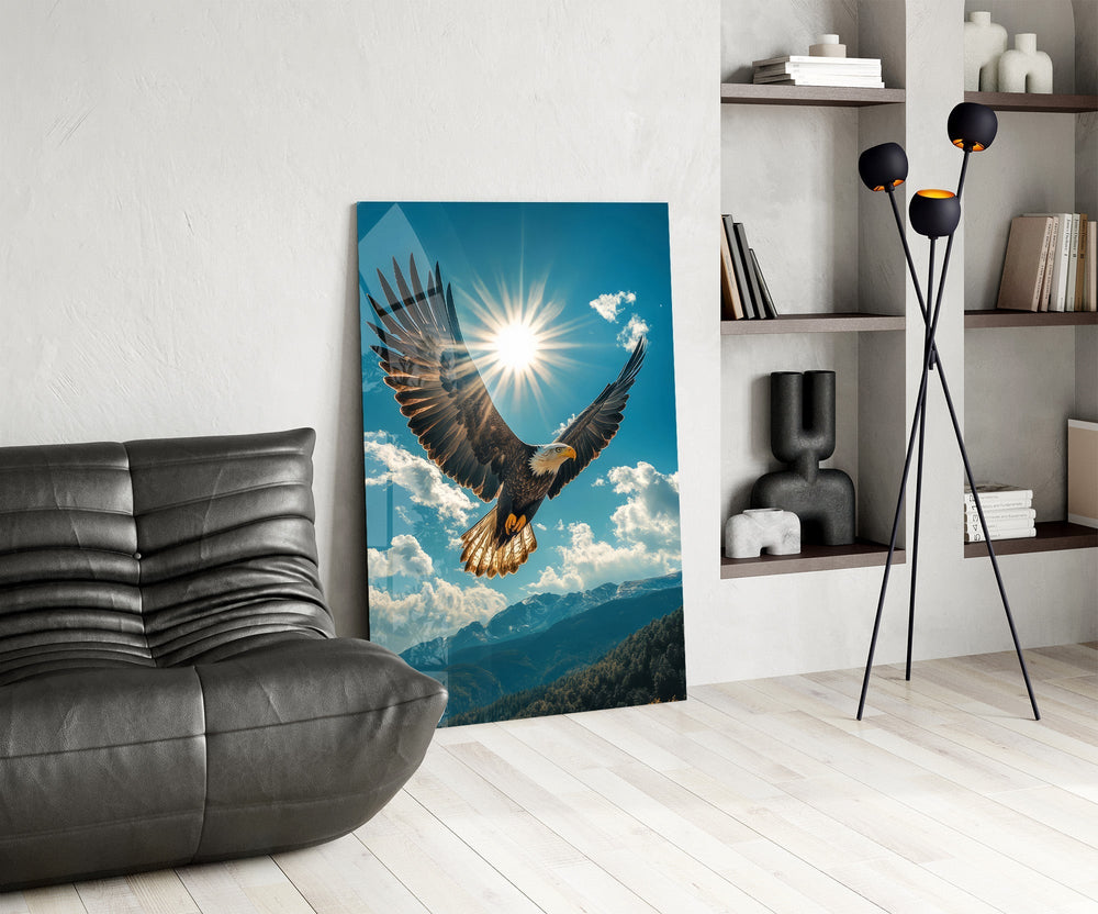 Bald Eagle Sunburst Blue Sky Glass Wall Art