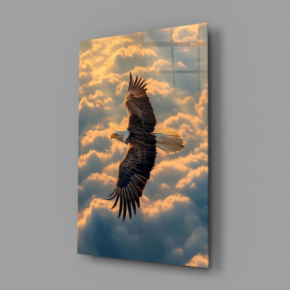 Bald Eagle Above Golden Clouds Glass Wall Art