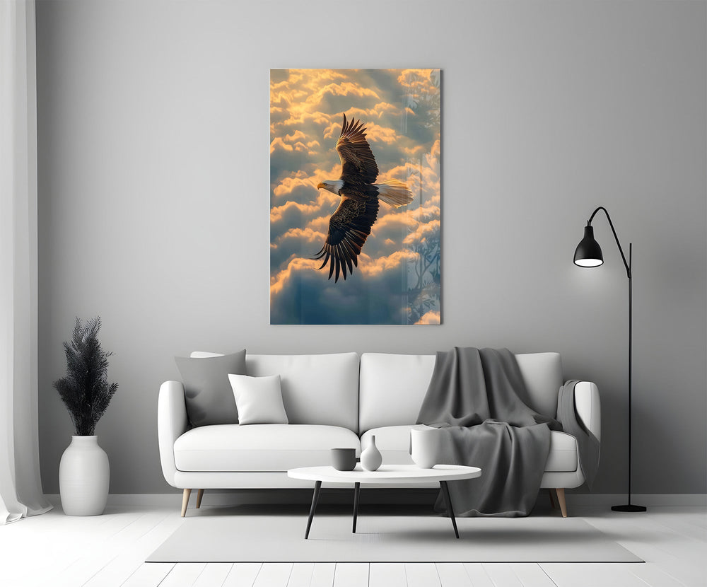 Bald Eagle Above Golden Clouds Glass Wall Art