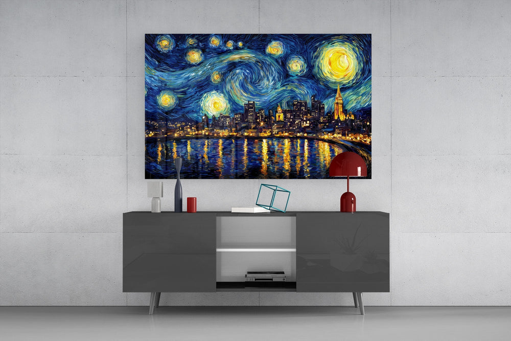 Swirling Starry Night City Skyline Glass Wall Art