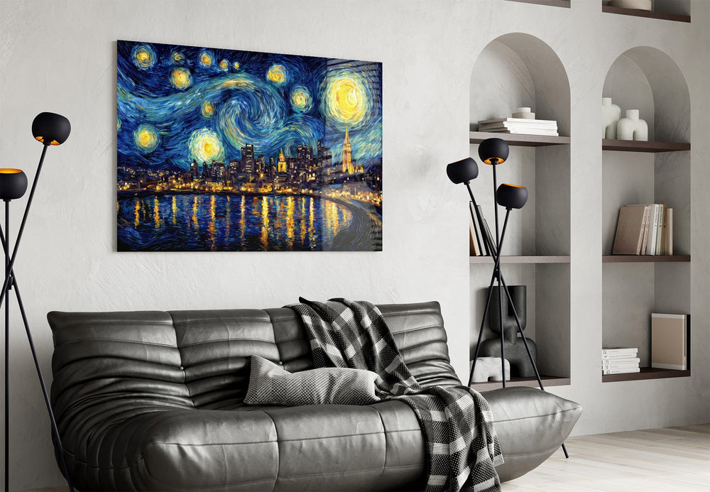 Swirling Starry Night City Skyline Glass Wall Art