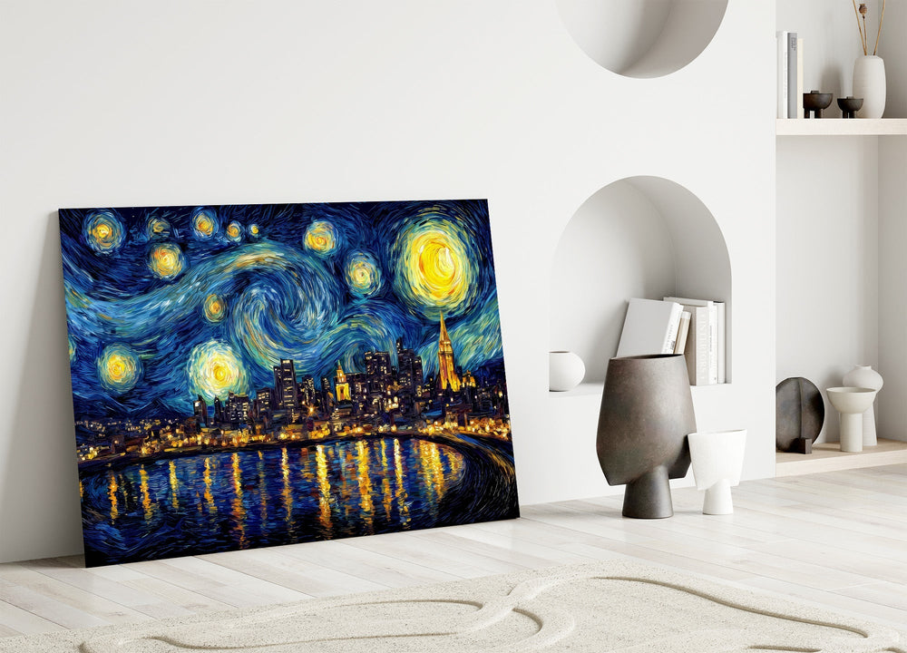 Swirling Starry Night City Skyline Glass Wall Art