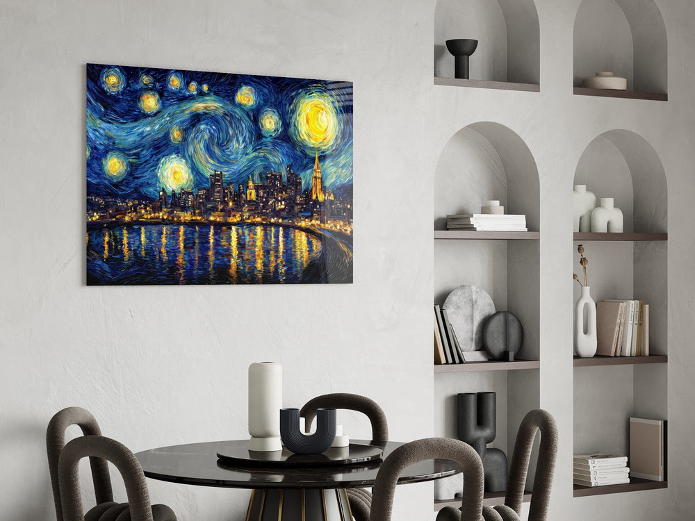 Swirling Starry Night City Skyline Glass Wall Art