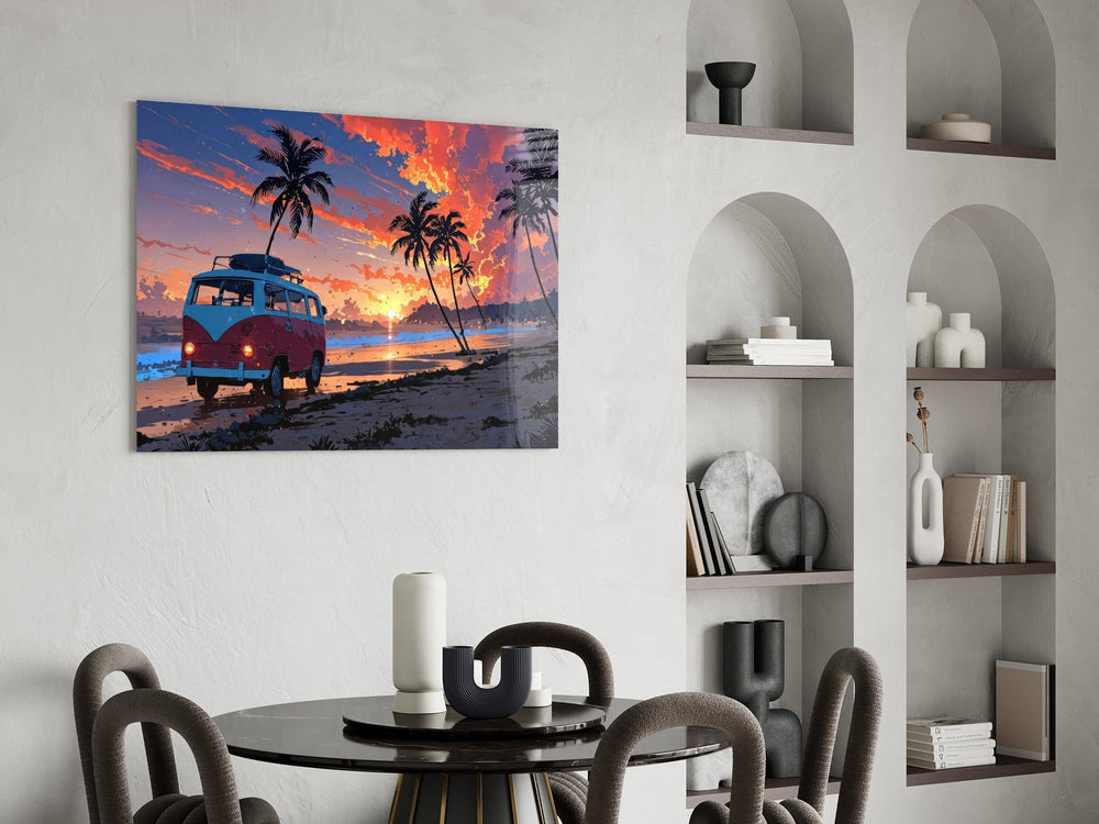 Retro Camper Van Beach Sunset Glass Wall Art