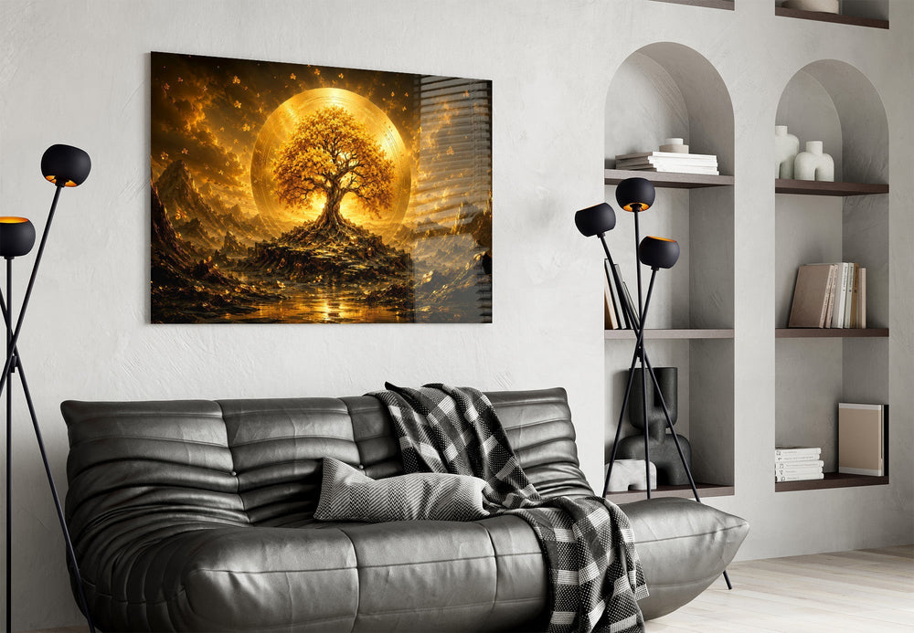 Golden Tree of Life Sun Disc Glass Wall Art