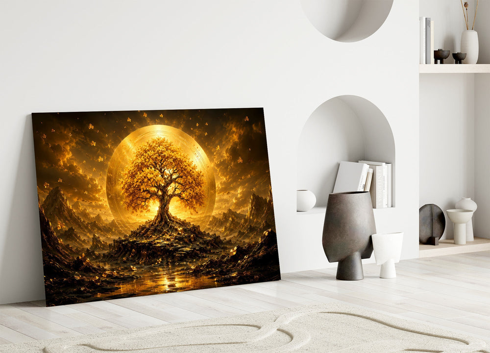 Golden Tree of Life Sun Disc Glass Wall Art