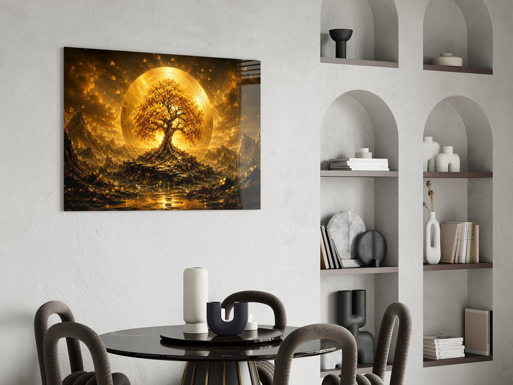 Golden Tree of Life Sun Disc Glass Wall Art
