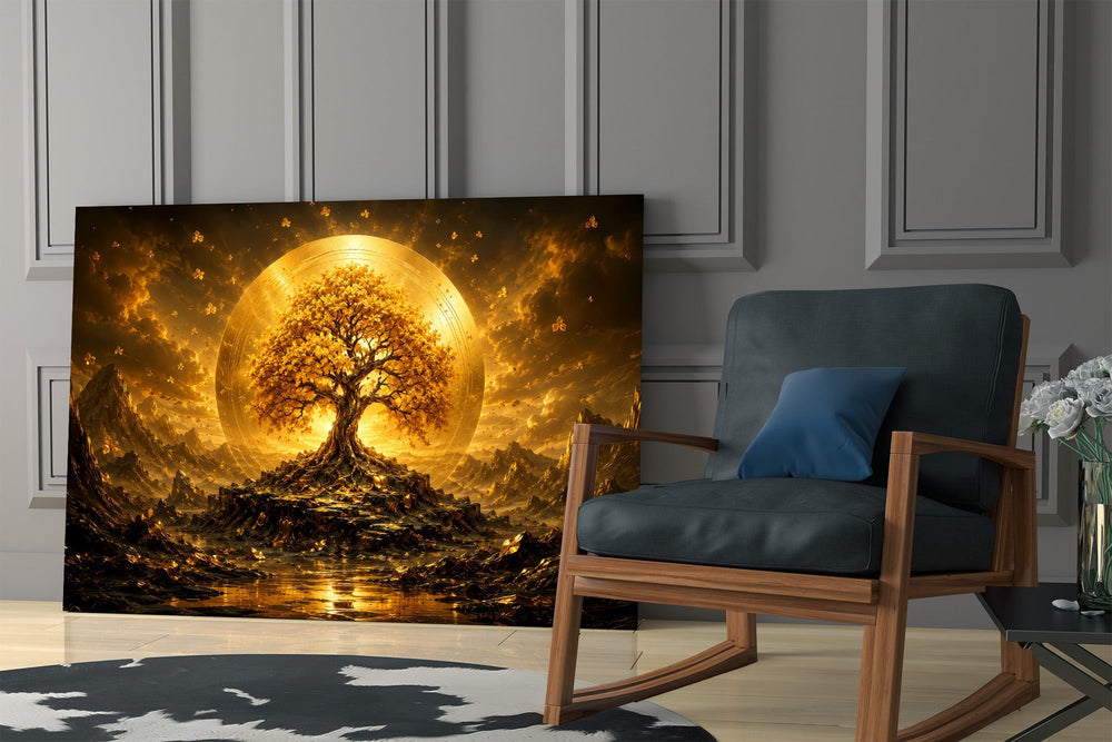 Golden Tree of Life Sun Disc Glass Wall Art