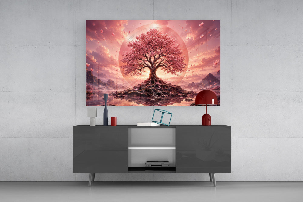 Pink Cherry Blossom Tree Sunset Glass Wall Art
