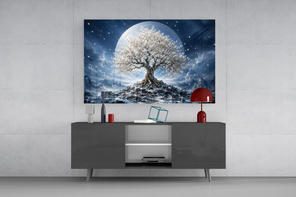 White Blossom Tree Full Moon Glass Wall Art