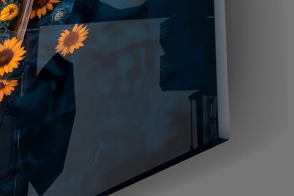 Sunflower Rowboat on Deep Blue Water Glass Wall Art