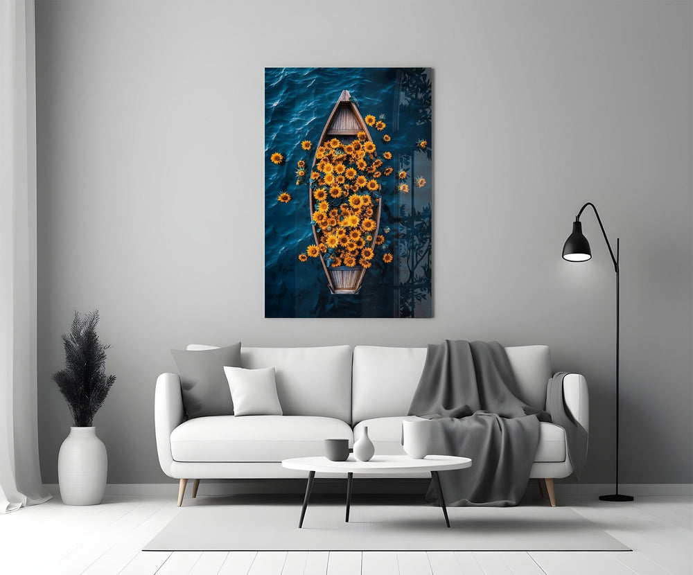 Sunflower Rowboat on Deep Blue Water Glass Wall Art