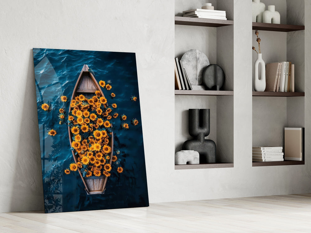 Sunflower Rowboat on Deep Blue Water Glass Wall Art