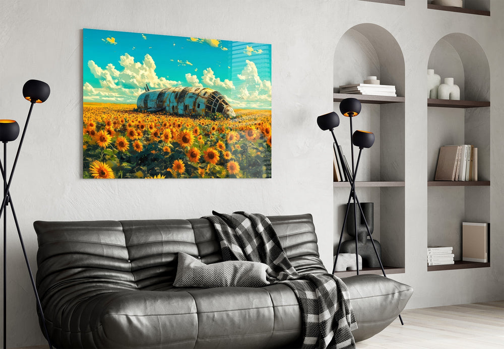 Derelict Airship in Sunflower Field Glass Wall Art