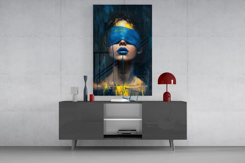 Blue Blindfold Dripping Portrait Glass Wall Art
