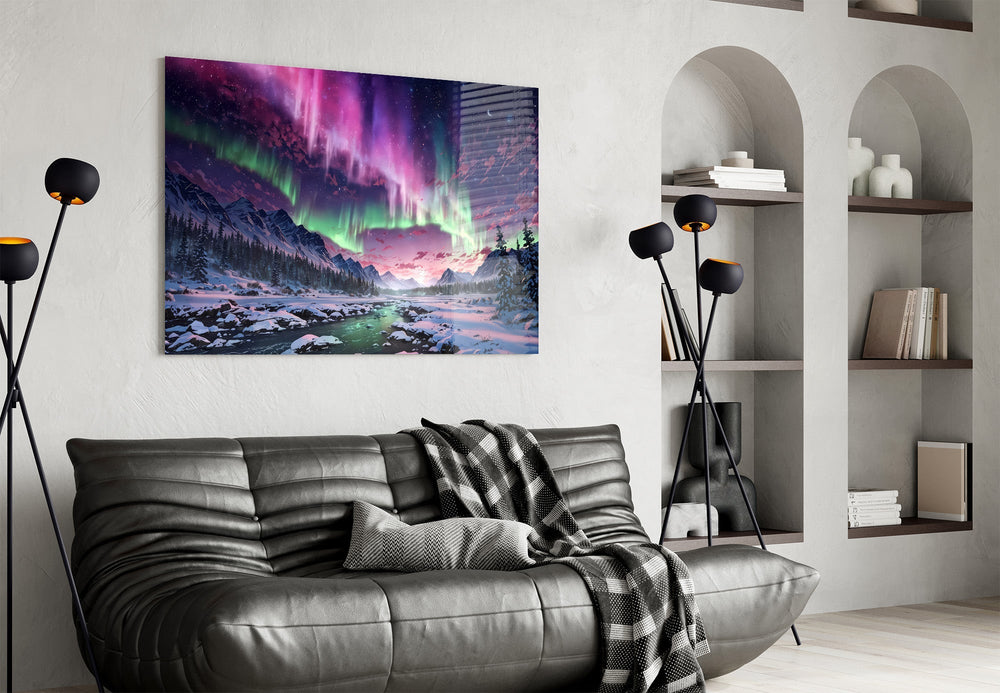 Aurora Northern Lights Snowy Valley Glass Wall Art