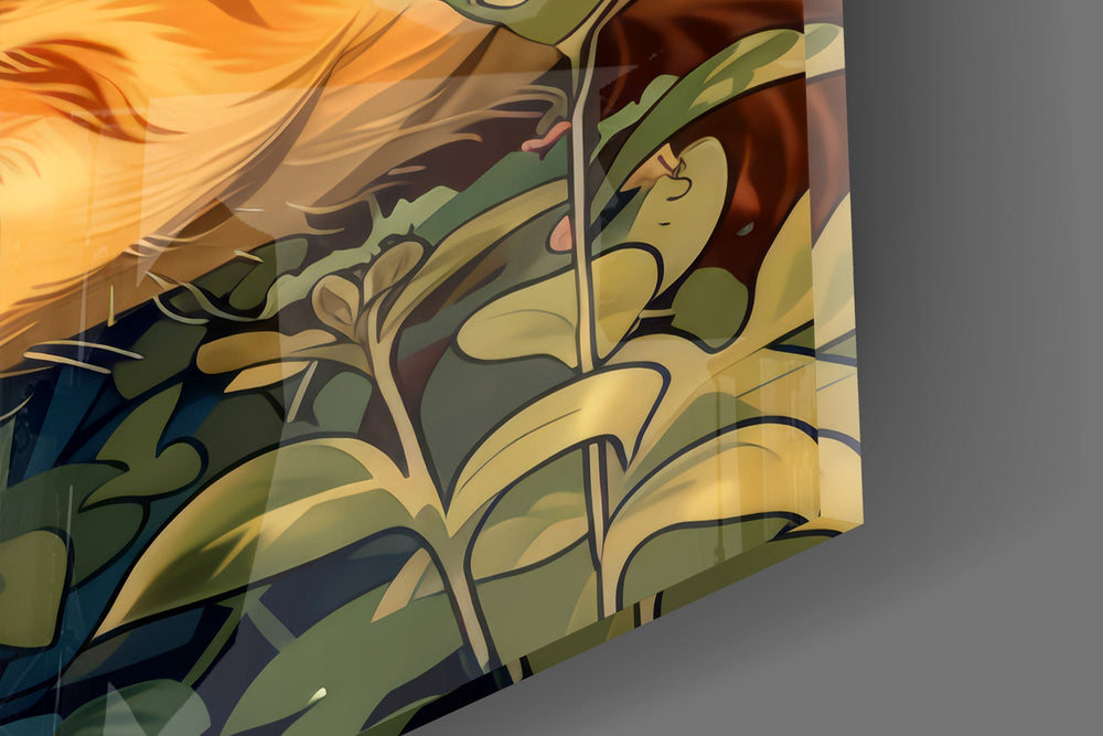 Ginger Cat Lounging in Wildflowers Glass Wall Art