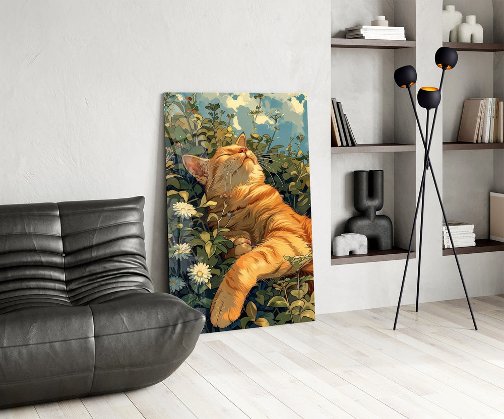 Ginger Cat Lounging in Wildflowers Glass Wall Art