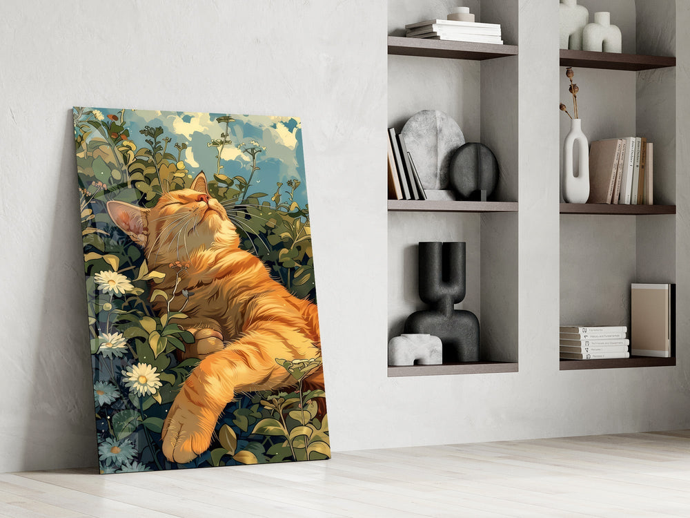 Ginger Cat Lounging in Wildflowers Glass Wall Art
