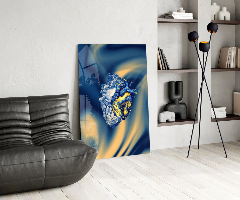 Golden Starry Anatomical Heart Glass Wall Art