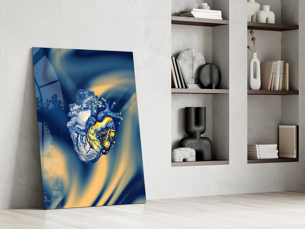 Golden Starry Anatomical Heart Glass Wall Art