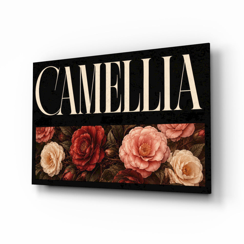Camellia Blush and Crimson Floral Glass Wall Art