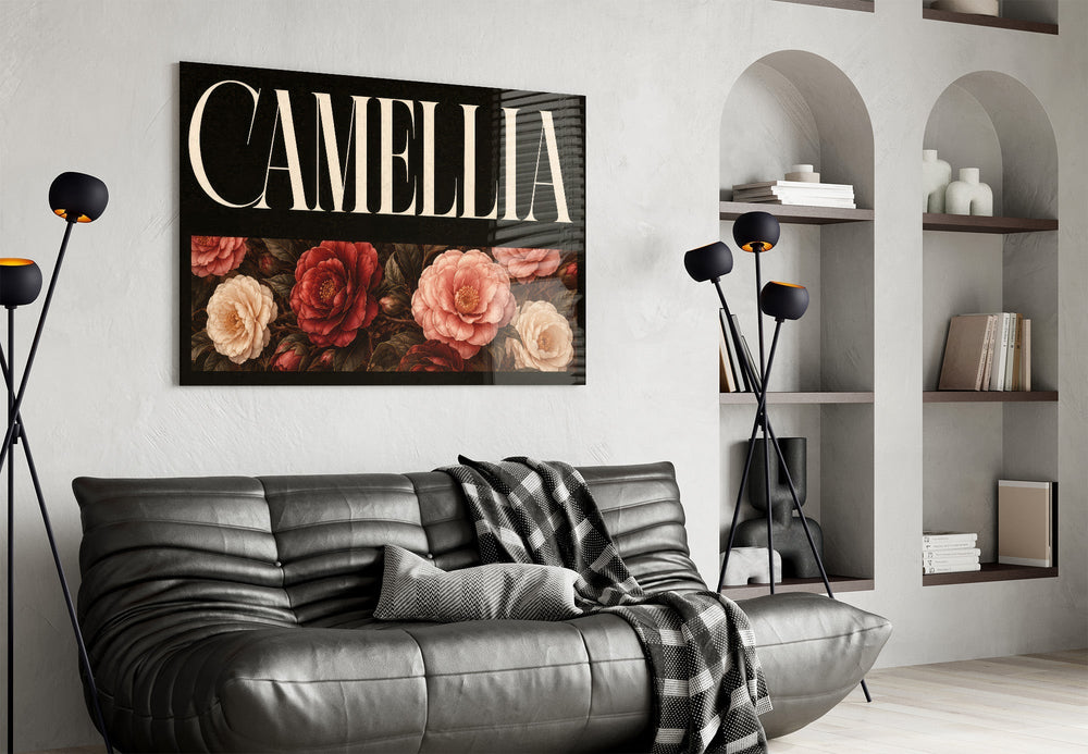 Camellia Blush and Crimson Floral Glass Wall Art