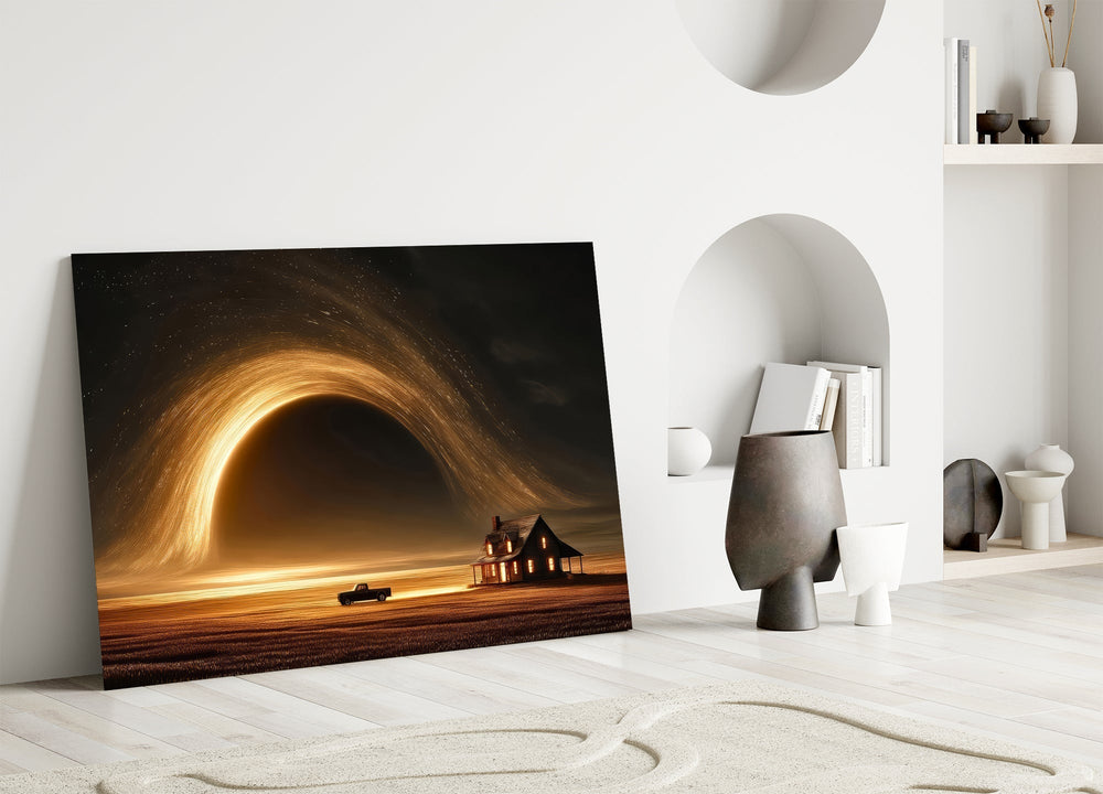 Golden Star Vortex Over a Lone Farmhouse Glass Wall Art