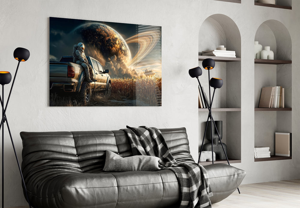 Astronaut and Ringed Planet Cornfield Glass Wall Art