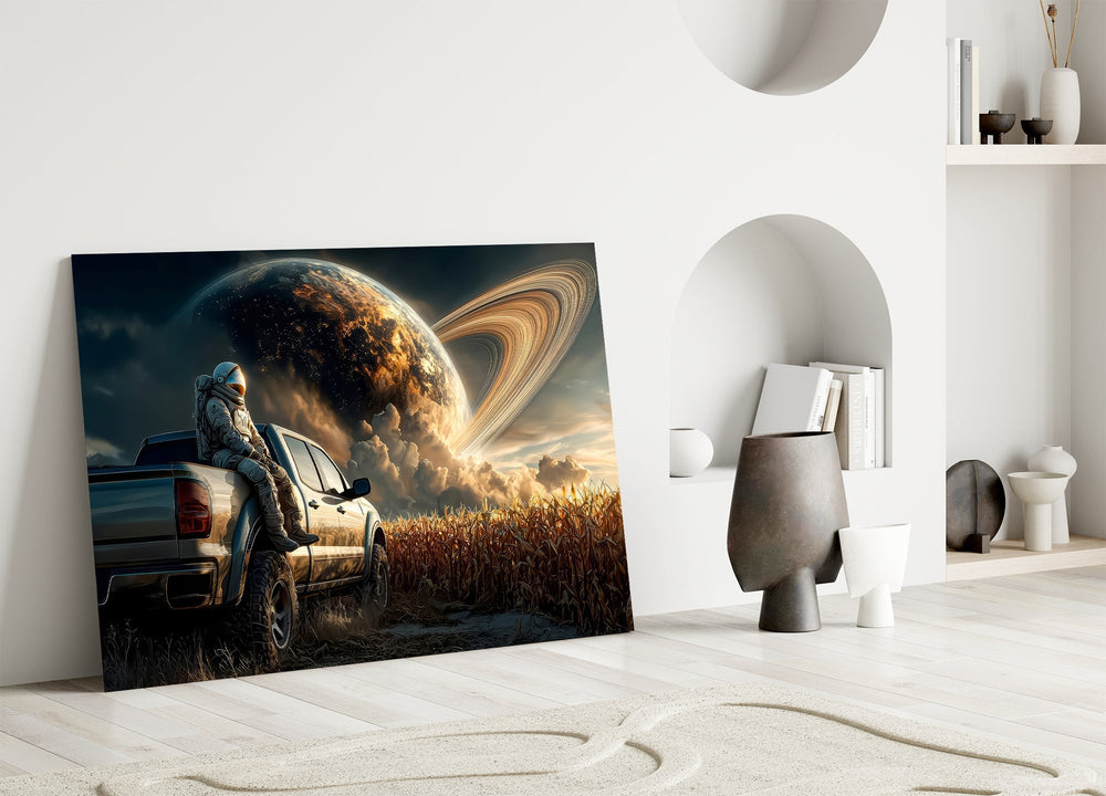 Astronaut and Ringed Planet Cornfield Glass Wall Art