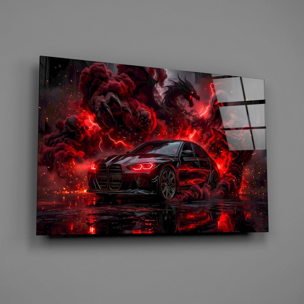 Black Sports Sedan and Red Demon Dragon Glass Wall Art