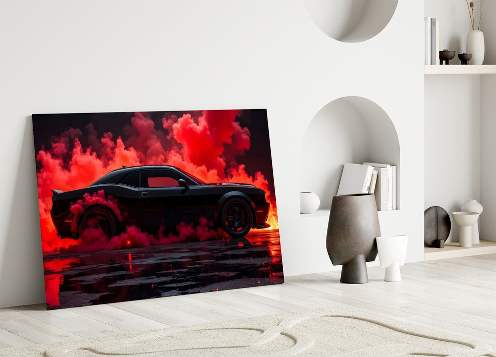 Crimson Smoke Black Muscle Car Glass Wall Art