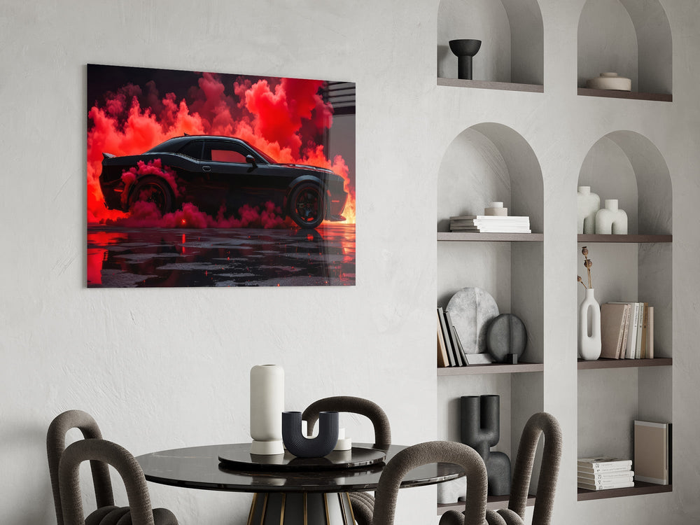 Crimson Smoke Black Muscle Car Glass Wall Art