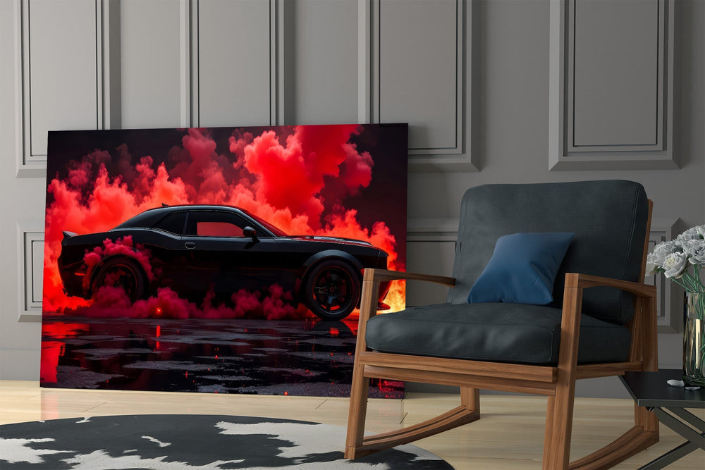 Crimson Smoke Black Muscle Car Glass Wall Art