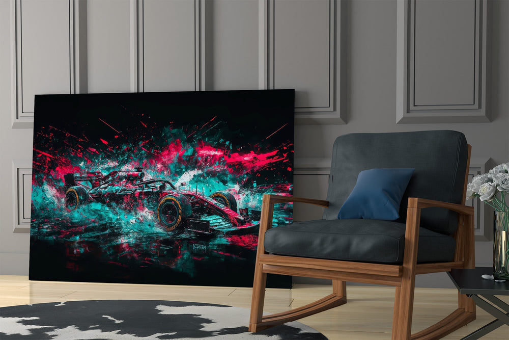 Teal Pink Splash Open-Wheel Race Car Glass Wall Art