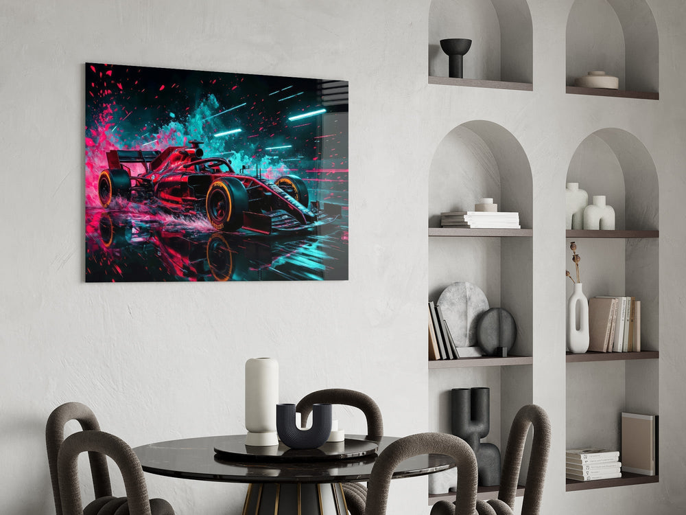 Red Racer Cyan Light Streaks Glass Wall Art