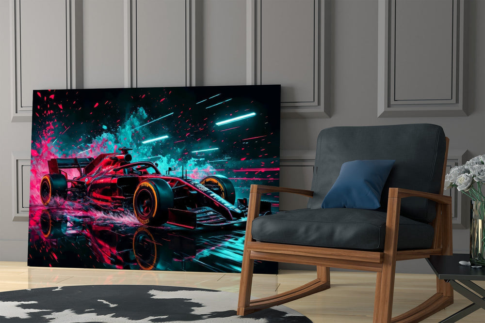 Red Racer Cyan Light Streaks Glass Wall Art