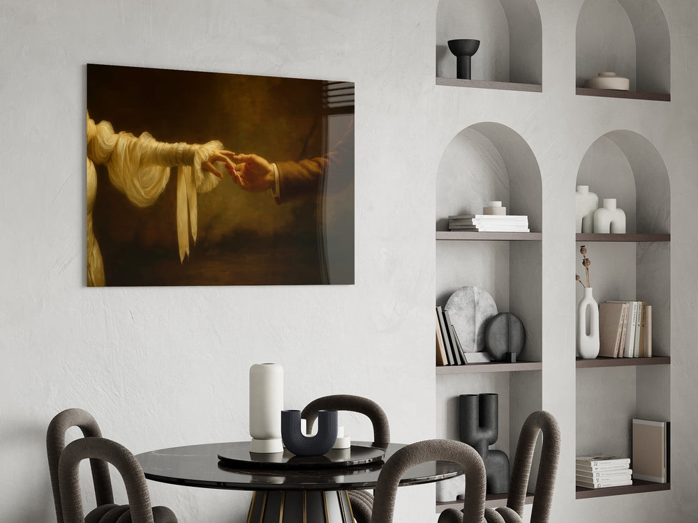 Golden Light Reaching Hands Romance Glass Wall Art
