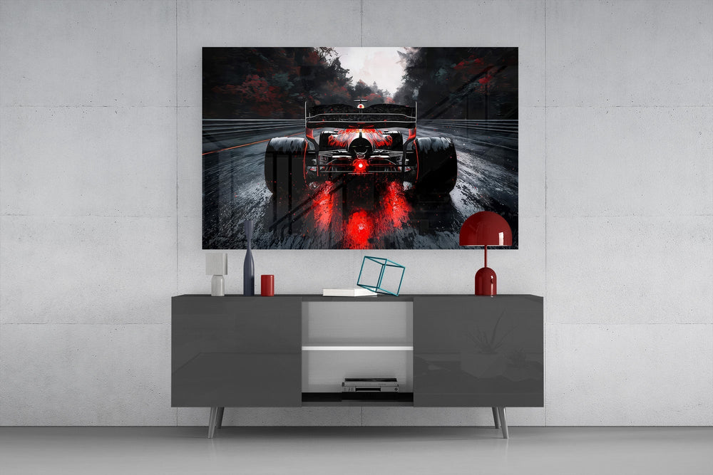 Rainy Track Red Glow Race Car Glass Wall Art
