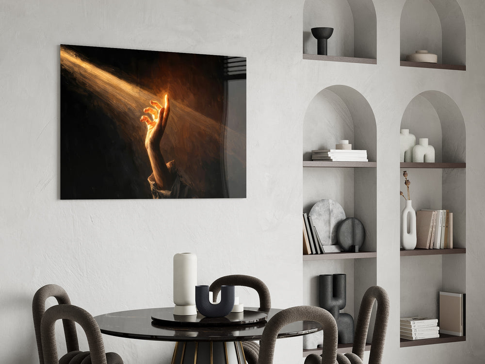 Golden Light Beam Reaching Hand Glass Wall Art