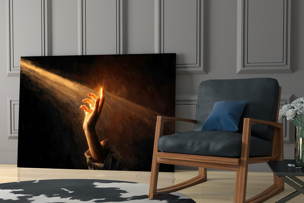 Golden Light Beam Reaching Hand Glass Wall Art