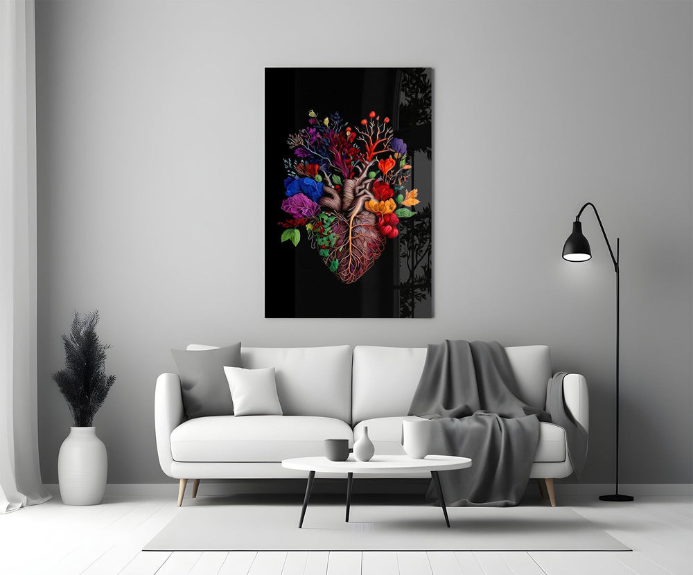 Floral Anatomical Heart Multicolor Glass Wall Art