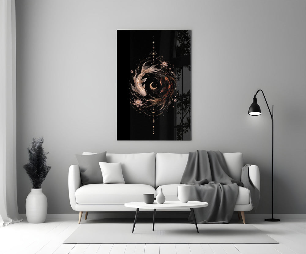 Celestial Koi Yin Yang Crescent Moon Glass Wall Art