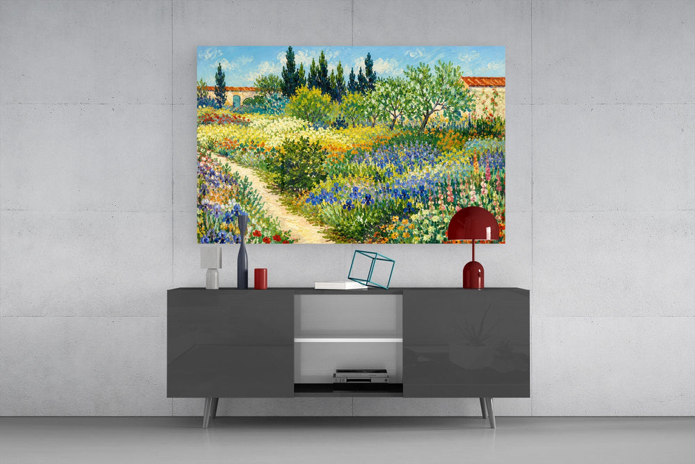 Impressionist Flower Garden Path Glass Wall Art