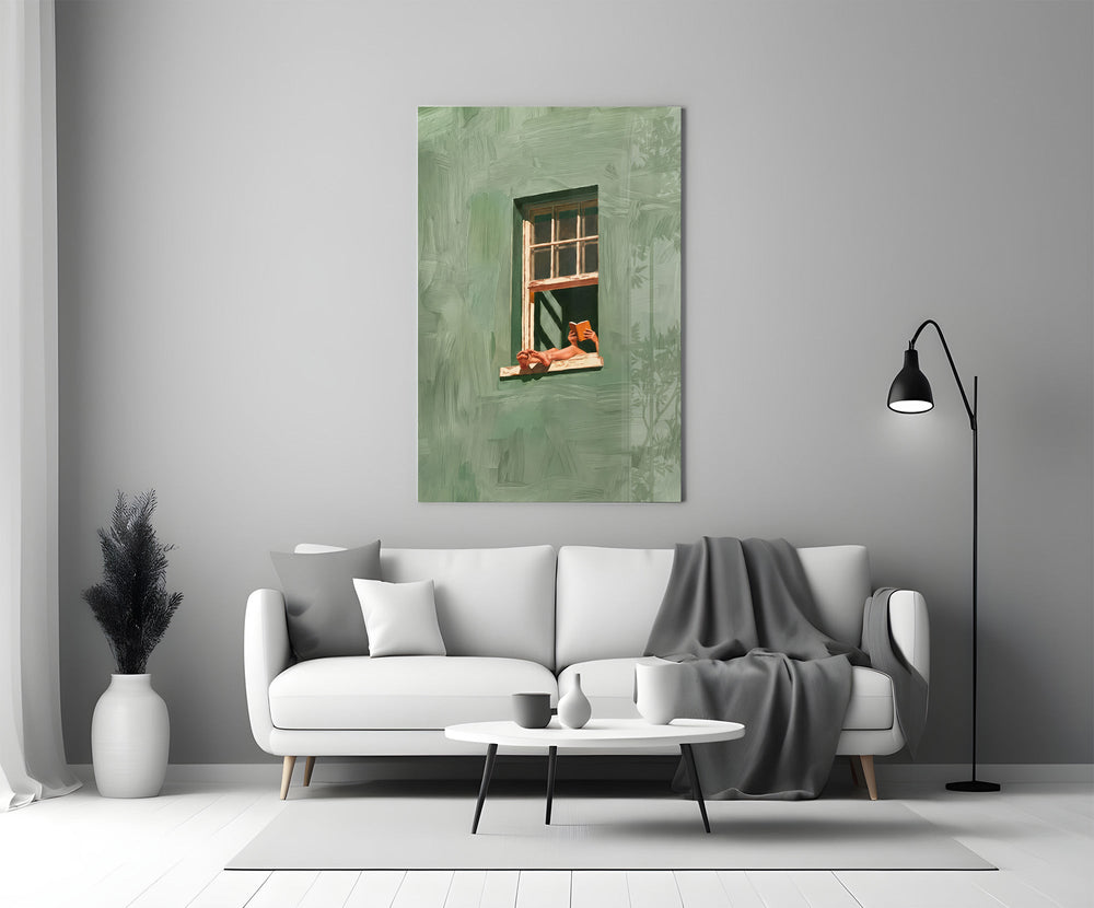 Reader on Windowsill Sage Green Glass Wall Art
