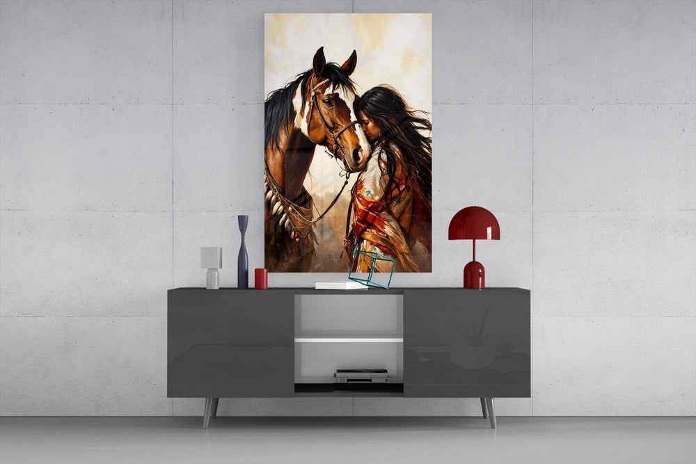 Bay Pinto Horse and Native Woman Glass Wall Art