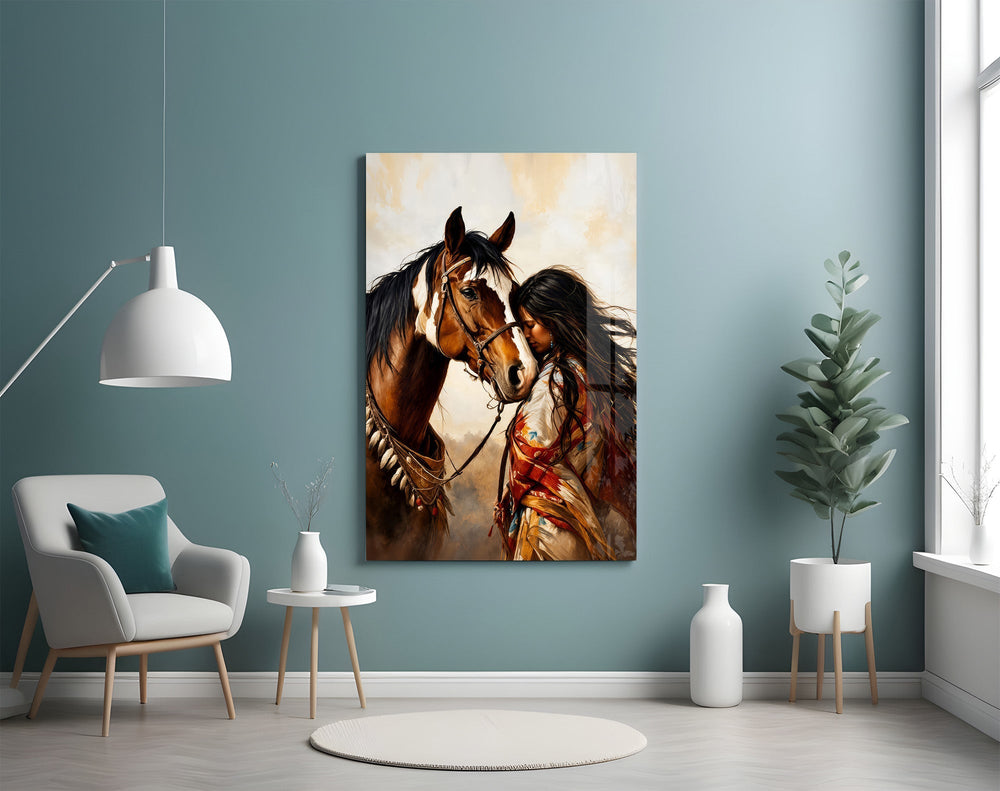 Bay Pinto Horse and Native Woman Glass Wall Art