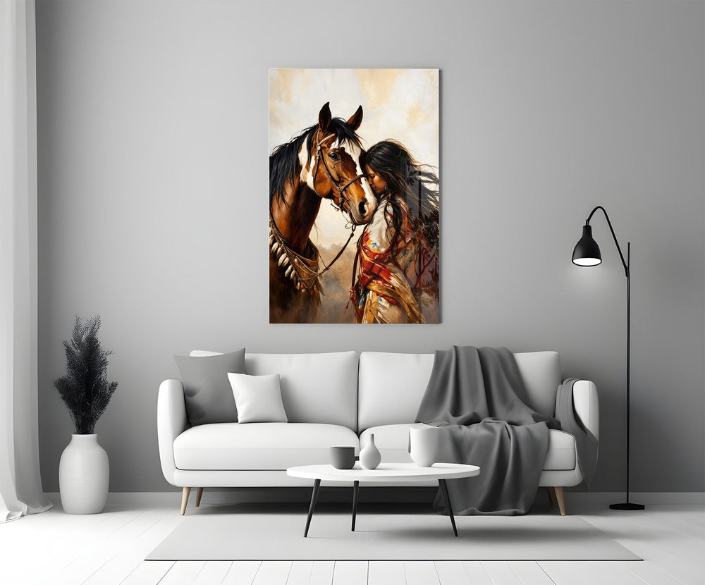 Bay Pinto Horse and Native Woman Glass Wall Art
