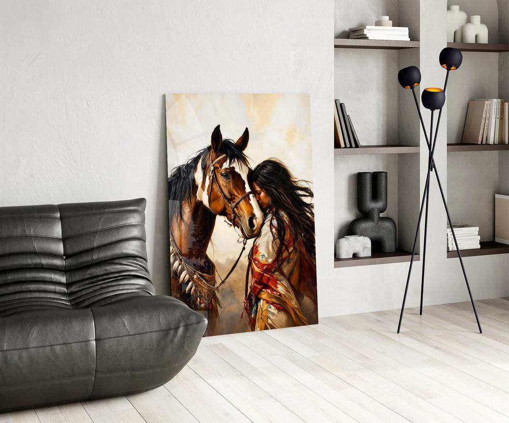 Bay Pinto Horse and Native Woman Glass Wall Art